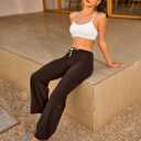 Women's Fold-Over Flare Yoga Pants - High Waist Drawstring Tummy Control Leggings for Pilates, Gym, Lounge & Daily Wear, XS