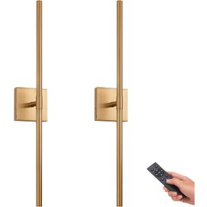 Battery Operated LED Wall Sconces Set of 2, 25" Wireless Rechargeable Gold Wall Lights with Remote Control, 3 Color Stepless Dimming 360 Rotate Wall Decor Lamp for Living Room Hallway Bedroom