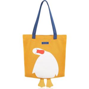 Cute Canvas Tote Bag for Women Reusable Cotton Cloth Bag for Lunch Grocery Shopping and Beach with 3D Duck Design (Shoulder Carry, Yellow Duck)