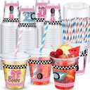 50 Sets Burnouts or Bows Themed Party Supplies 12 oz Burnouts and Bow Party Cups Pink and Blue Plastic Disposable Cups with Lids and Paper Straws Western Gender Reveal Decorations for Baby Shower