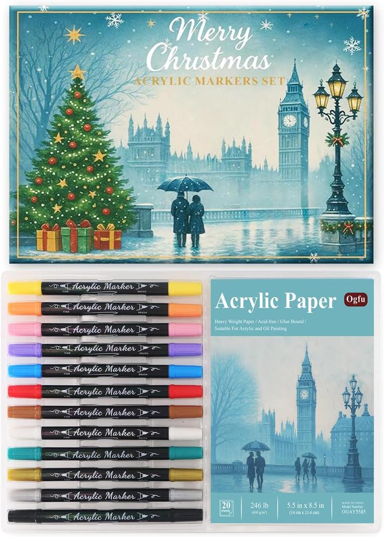 Easter Basket Stuffers for Teens,12 Colors Acrylic Paint Markers Set, Art Supplies Including Acrylic Paper Pad 5.5x8.5 In, 20 Sheets 246lb/400gsm - Ideal Gifts for Artists & Adults. (Blue)
