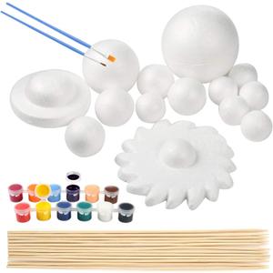 Pllieay Solar System Model Foam Ball Kit Includes 14PCS Mixed Sized Polystyrene Spheres Balls, 12PCS Bamboo Sticks, 12 Color Pigments, 2PCS Painting Brushes for School Science Projects (40 Pieces)
