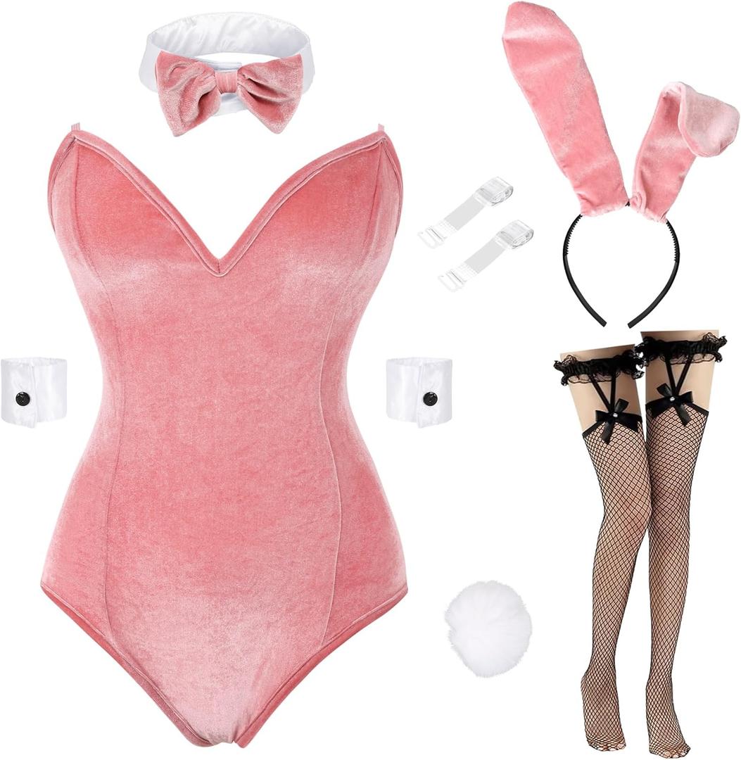 Drofe Bunny Costume Women Bunny Girl Senpai Cosplay Anime Role Costume Bodysuit Set (Pink, XL)