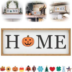 Generic Halloween Decor Home Tabletop Sign, Wooden Sign with 12 Pcs Interchangeable Seasonal Icons - Fall, Halloween, Thanksgiving, Christmas - Modern Style, 1.73 x 0.71 x 0.1 Inches