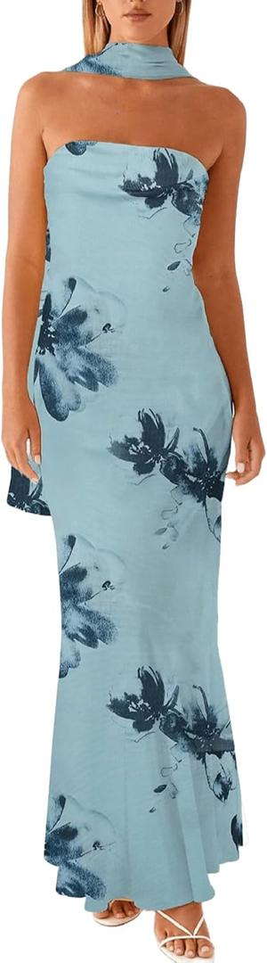 SKAYS Women's 2026 Tube Dress with Scarf Floral Strapless Summer Wedding Guest Beach Vacation Maxi Long Dress (Blue, S)