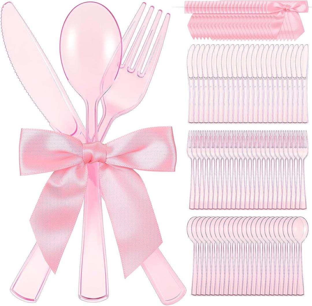 Minatee 25 Sets Pink Plastic Cutlery Set with Twist Tie Bows, Heavy Duty Tableware Disposable Pink Forks Knives and Spoons Silverware Utensils Set for Coquette Birthday Party Table Setting Picnics