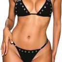 Women's 2 Piece Sexy Micro Bikini Sets Eyelet Grommets Triangle Halter Bathing Suit Tie Back Cheeky Swimsuit (Medium, Black)