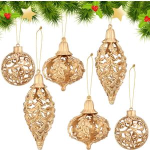 Shappy 6 Pcs Christmas Gold Ball Ornaments 2/3/5 Inch Diamond Pendant Christmas Tree Ornaments Gold Decorations for Home Xmas Holiday Party Wedding Wreath Gift
