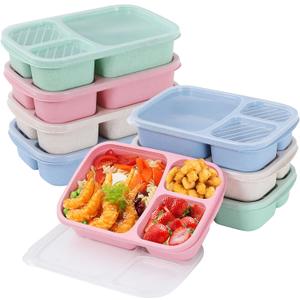 buluker 8 Pack Bento Lunch Box Set 3 Compartment Wheat Straw Meal Prep Food Storage Containers Plastic, Microwave and Dishwasher Safe(light colour)