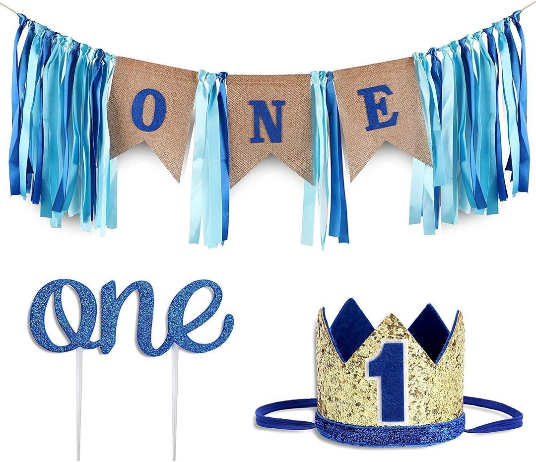 Baby 1st Birthday Boy Decorations with Crown - Baby Boy First Birthday Decorations High Chair Banner - Cake Smash Party Supplies - Happy Birthday ONE Burlap Banner, No.1 Gold and Blue Crown