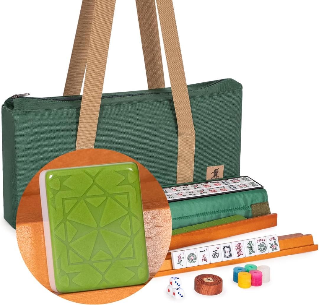 Yellow Mountain Imports American Mahjong Set, "Verdant Santorini - 166 Tiles with Green Soft Case, Wooden Racks with Pushers, Scoring Coins, Dice, and Wind Indicator, 21.7 X 10.6 X 3 Inches