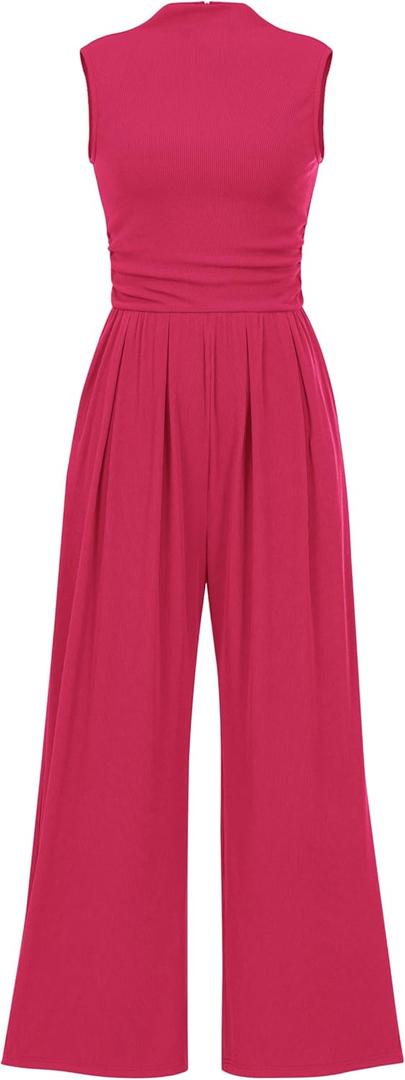 PRETTYGARDEN Womens Summer Jumpsuits Dressy Casual One Piece Outfits Sleeveless Mock Neck Wide Leg Pants Rompers with Pockets (Pink, XXL)