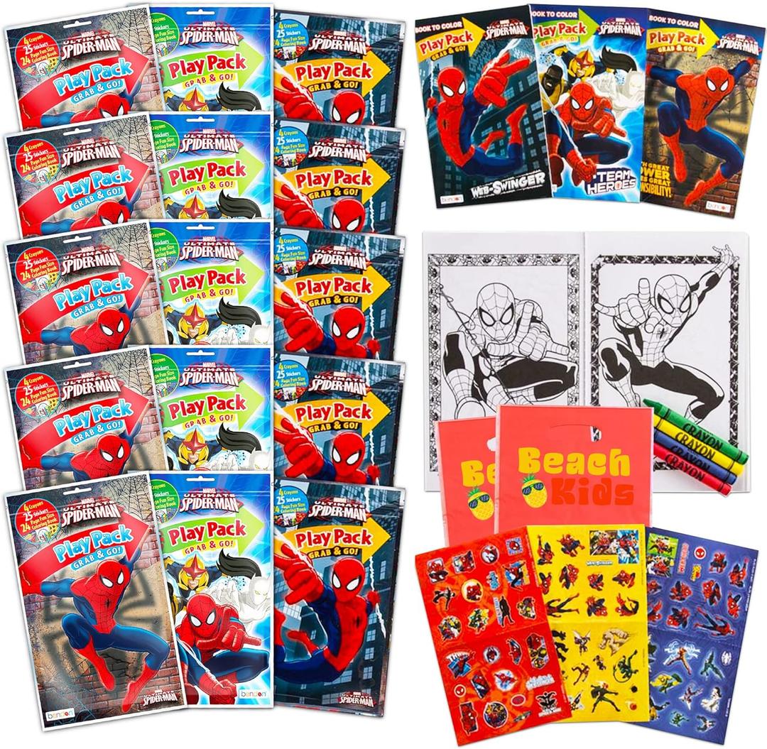 Set Of 15 Spiderman Play Packs Fun Party Favors Coloring Book Crayons Stickers Plus Loot Bags