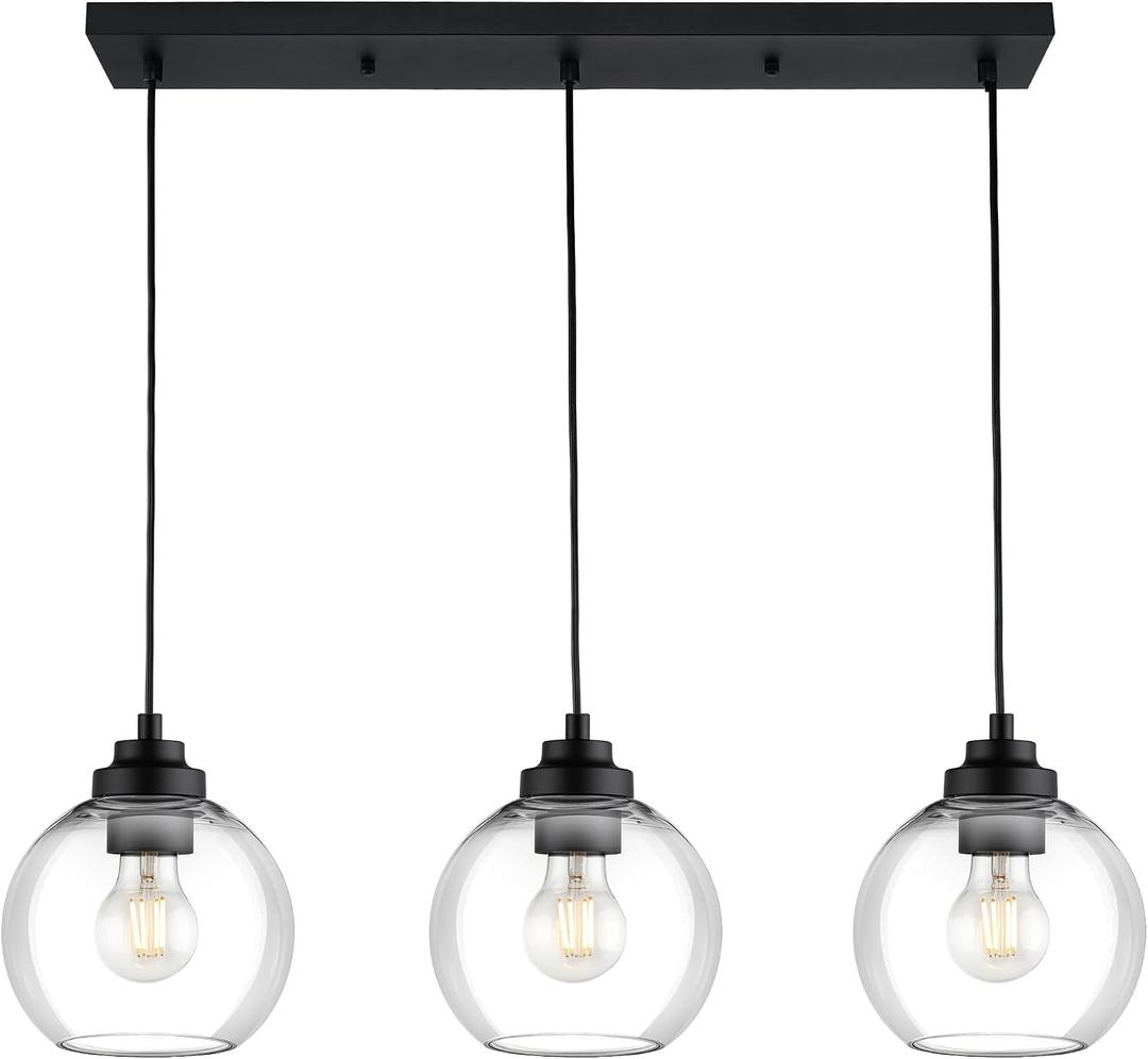 JAZAVA 8-Inch Black Kitchen Island Light, Clear Globe Glass, 3-Light, BK-3S