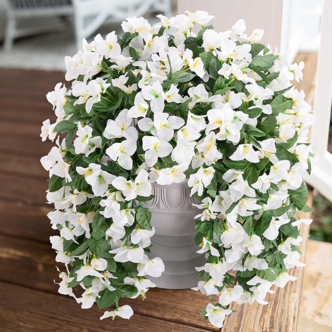 Faux Bougainvillea Artificial Flowers Plants for Outdoors Outside Decoration, 4 PCS White Fake Flowers UV Resistant Look Real Silk Long Trailing Vines for Front Door Porch Planter Patio Garden Yard
