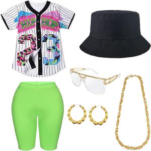 Gionforsy 80s 90s Outfit for Women, Hip Hop Rapper Costume Accessories Baseball Jersey Shirt Bucket Hat Yoga Pants Gold Chain (X-Large, Green)