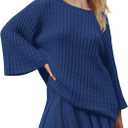 LAMISSCHE Womens Lounge Set Oversized 2 Piece Sweater Skirt Sets Long Sleeve Knit Top Pleated Skirts (X-Small, Blue)