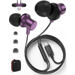 Jiunai USB C Earbuds for iPhone 16e Type C Wired Headphones with Mic In Ear Magnetic S M L Ear Tip Noise Isolation Volume Control Corded USB C Earphones for iPhone 16 Pro Max iPad Pro M4 Air M2 Purple