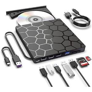 ASHDOL External CD DVD Drive,8 in 1 USB 3.0 and Type-C Disc Reader Writer Burner Player,Slim and Portable CD DVD +/-RW Optical Drive for PC Laptop Desktop MacBook Mac Windows Linux OS Apple