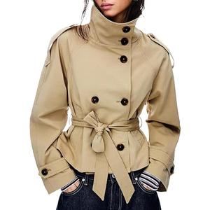 ASHER FASHION Cropped Trench Coat for Women，Long Sleeve Double Breasted Short Jacket, High Collar Fall Winter Coats, Size :S