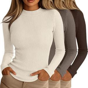 Riyiper 3 Pack Women's Ribbed Shirts, Mock Turtleneck Long Sleeve Tops Slim Fitted Undershirts Casual Basic Layering Tees (Medium, Cream, Coffee, Dark Brown)