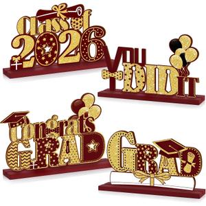 4 Pieces 2026 Graduation Party Decorations Wooden Class of 2026 Table Centerpieces Grad Congratulate Table Toppers for High School College Graduation Party Favor Supplies Photo Booth Props(Maroon)