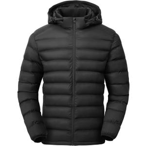 TBMPOY Men's Lightweight Puffer Jackets Detachable Hood Water-Resistant Casual Winter Coat Hooded Insulated for Travel Ski (Black)