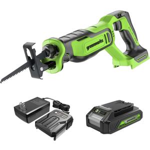 Greenworks 24V Cordless Brushless Reciprocating Saw, 3,000 SPM, 1" Stroke Length, Compact Design, Includes 2.0Ah Battery & Charger