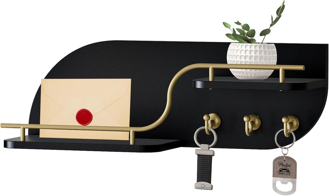 Key Holder for Wall, Decorative Key and Mail Organizer with 3 Metal Hooks and 2 Shelves, Wood Wall Mounted Key Rack for Entryway, Black
