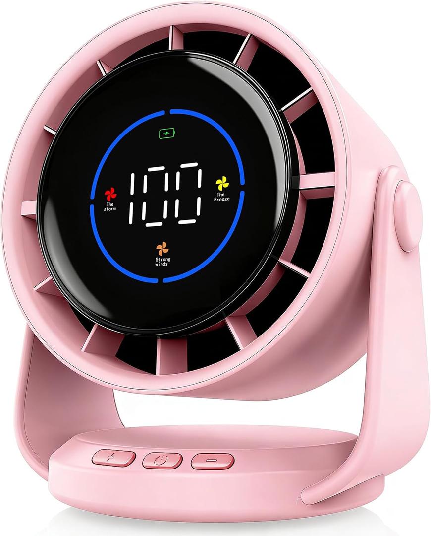 Table Fans, Ultra Quiet Wall-Mounted Desk Fan, Digital Display Rechargeable USB Fan, 105°Tilt, 100 Speeds, Long Lasting Power, Portable Fan for Home Office Kitchen Travel Camping (Light Pink), Small