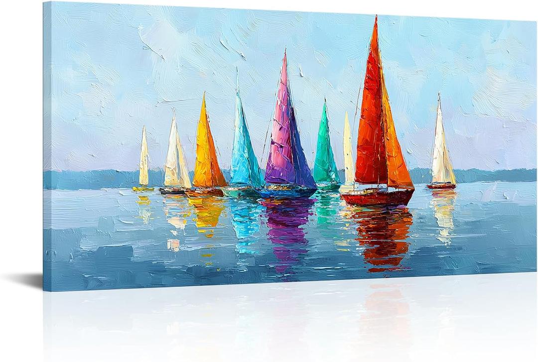 Derkymo Sailboat Wall Art Coastal Picture Ocean Canvas Print Artwork for Home Wall Decoration Ready to Hang, 20"x40"