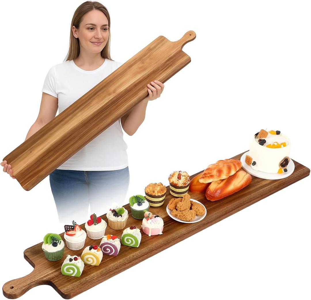 Baderke 48 Inch Acacia Wooden Long Charcuterie Board Extra Large Charcuterie Boards Serving Board with Handle Kitchen Bread Meat Cutting Boards Fruit Cheese Decorative Food Platter for Kitchen