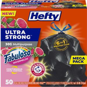 Hefty Ultra Strong 30 Gallon Trash Bags, Large Trash Bags, Multipurpose, Break Resistant Drawstring Closure, Resists Leaks, Punctures, and Tears, Black, Fabuloso Watermelon Scent, 50 Bags (50 Count (Pack of 1))