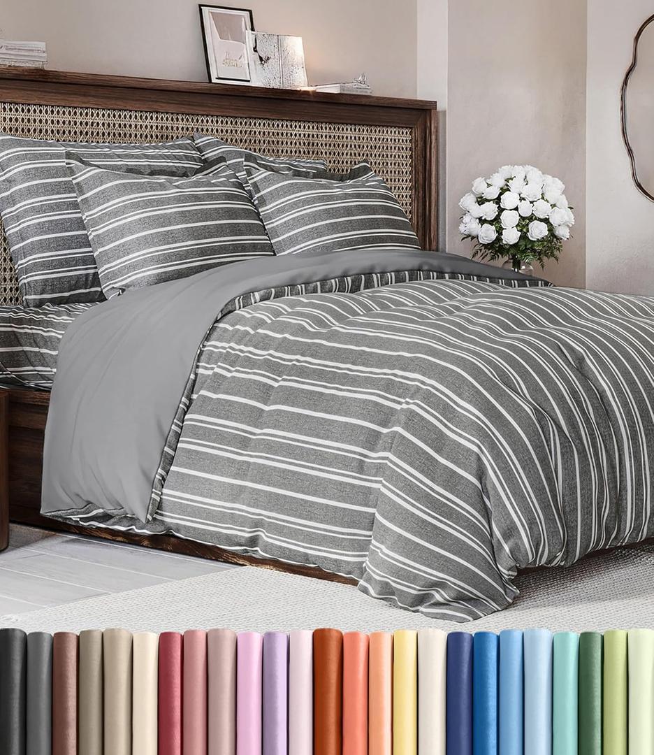 Duvet Cover Cal King Size Set - Extra Soft Cal King Duvet Cover 104" x 98" with 2 Pillow Shams - Hotel Luxury, Easy Care & Fade Free w/ Zipper Closures & Ties - Comfy, Cozy & Breathable (Grey Stripes), California King