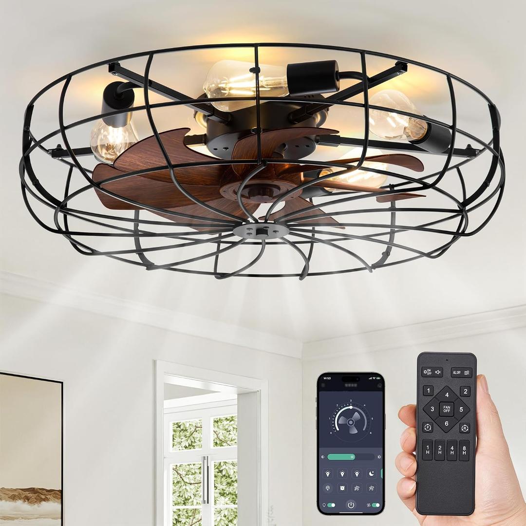 LEDIARY 26" Caged Farmhouse Ceiling Fans with Lights and Remote/App, Black