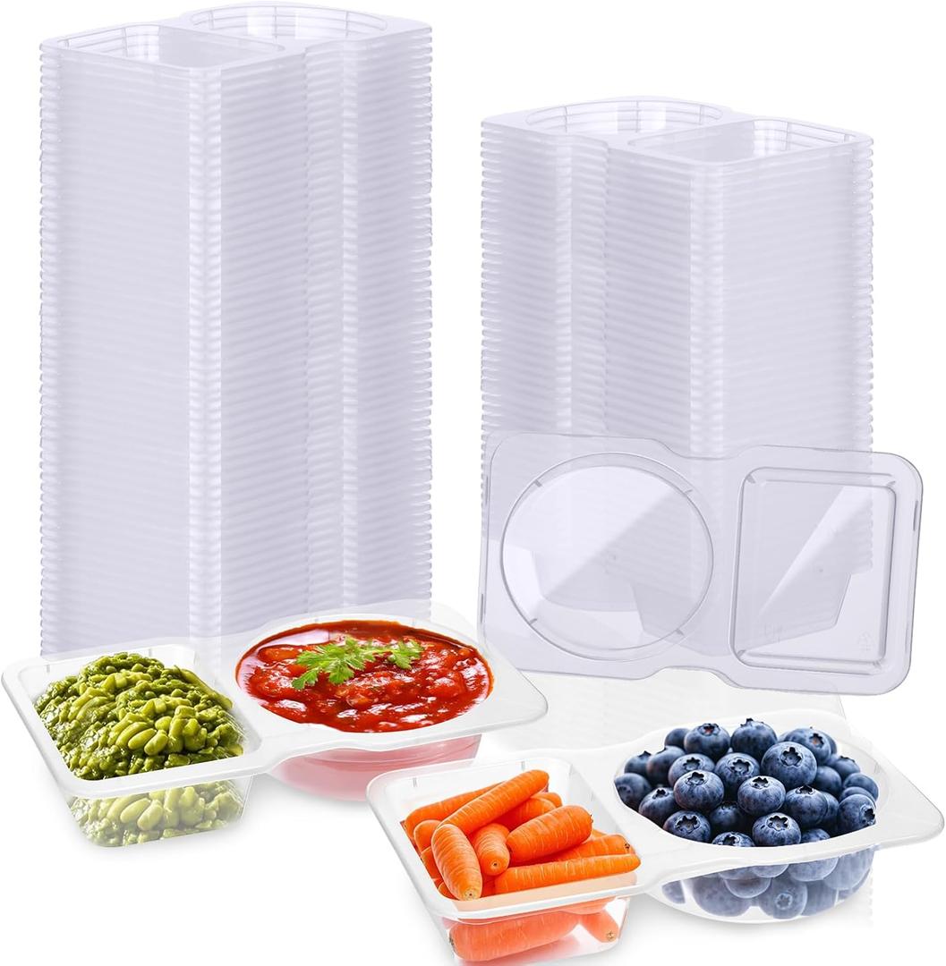 50pcs Double Compartment Condiment Container With Lids,Disposable 2 Compartment Sauce Containers Clear Plastic Snack Containers For Travel