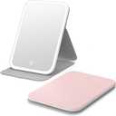 Kintion Travel Makeup Mirror, Portable LED Lighted Makeup Mirror, 360 Rotation Touch Screen Vanity Mirror, 60 LEDs, 3-Color Dimmable Lighting, Rechargeable Tabletop Folding Cosmetic Mirror, Pink