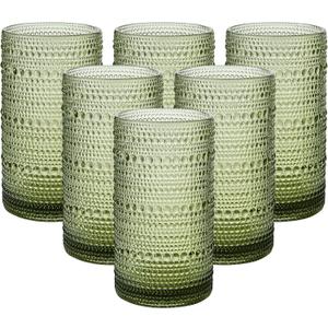 Vintage Glassware Drinking Glasses Set of 6,16oz Hobnail Glass Cups,Embossed Green Water Tumbler,for Cocktail, Juice, Whiskey, Milk and Various Mixed Drinks Green