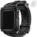 Fullmosa Compatible with Apple Watch Bands 45mm 44mm Series 9/8/7/6/5/4/SE2/SE, TPU Rugged iWatch Strap Military Grade Shockproof Bumper Case with Screen Protector for Men Women (44mm, Black)