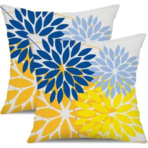 DFXSZ Outdoor Pillow Covers 16x16 Inch Set of 2 Yellow Blue Flower Decorative Waterproof Spring Summer Outdoor Pillow Covers for Patio Funiture Garden Couch 168E16