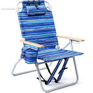 Tall Beach Chairs for Adults, 17" High Backpack Beach Chair with Wooden Armrests, 5 Positions Reclining Heavy Duty Chair with Large Cooler Pouch, Support to 350LBS Striped Blue,1pack