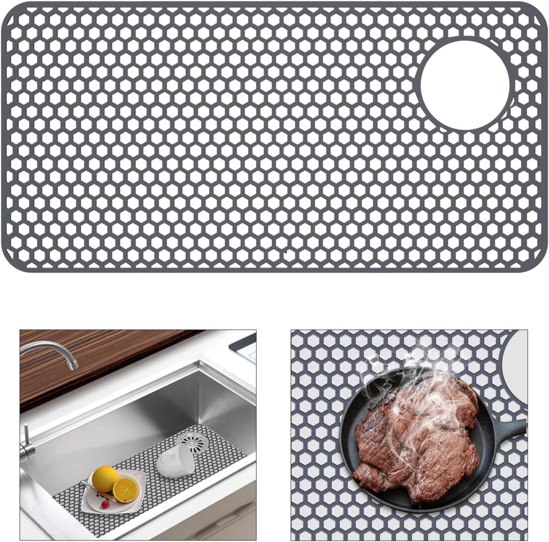 Sink Protectors for Kitchen Sink-TOOVEM 28.3"x14.4" Drain Hole Farmhouse Sink Protector, Kitchen Sink Mats Accessory, Non-Slip Heat Resistant Sink Mat for Protection Bottom of Stainless Steel (Grey-Upper Right Drain)