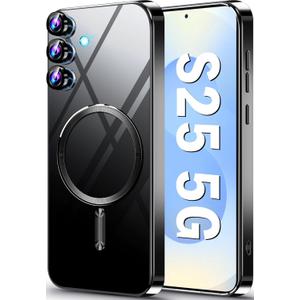 Neivi Compatible for Samsung Galaxy S25 Case with Mag-Safe, Camera Lens Protector, Galaxy S25 Transparent NonYellowing Shockproof Slim Magnetic Protective Cover for Samsung S25 5G (Black)
