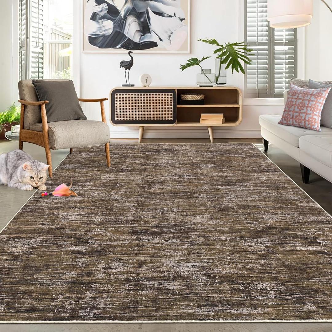 RUGSREAL Living Room Area Rug 9x12 Machine Washable Rug Non-Slip Stain Resistant Modern Abstract Bedroom Rug Contemporary Throw Floor Carpet for Dining Room Solid Area Rug for Home Office, Brown