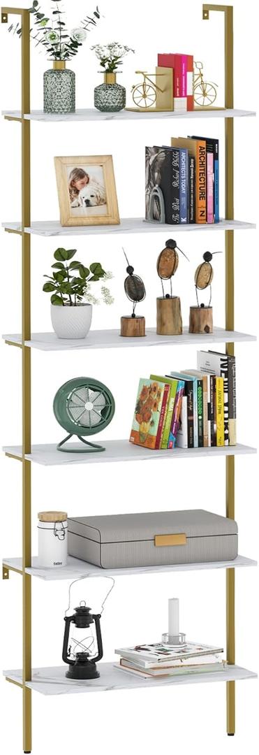 Wolawu Ladder Shelf 6 Tiers Marble White Modern Bookshelf Open Tall Wall Mount Bookcase Standing Leaning Wall Shelves Industrial Decorative Living Room Bed Room