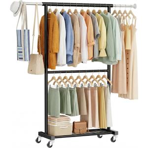Retractable Clothes Rack on Wheels, Standard 50" L Double Clothing Garment Rack with Mesh Shelves, Rolling Adjustable Portable Wardrobe Rack for Bedroom, Laundry Room, Black