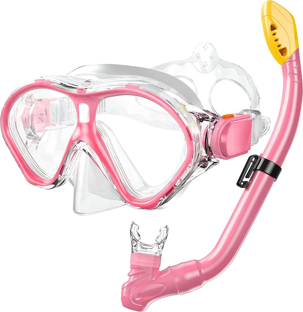 Gintenco Kids Snorkel Set, Diving Mask for Children as Unisex Kids Swimming Goggles, Anti-Fog Diving Mask and Dry Top Snorkel Combo Set for Junior and Youth (Light Pink)