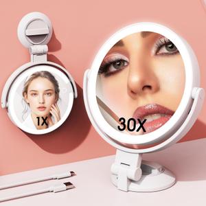 Magnifying Mirror with Light 30X, 2-Sided 30x/1x Magnifying Mirror with Suction Cup, 360 Rotation Wall Mounted Makeup Mirrors with Lights and Magnification, 3 Lighting Modes Adjustable Brightness