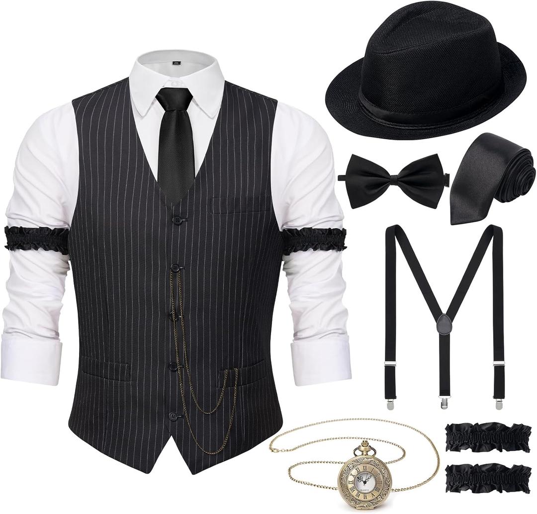YESSA 1920s Mens Costume,1920 Mens Outfit,Roaring 20s Costumes for Men,1920s Hat Vest Pocket Watch Suspenders Tie (Black, L)