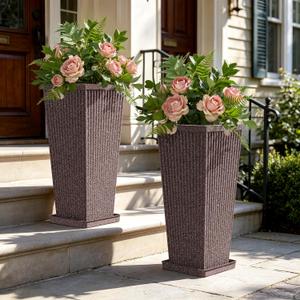 Taper Tall Planters for Outdoor Plants Set of 2, 24 Inch Faux Stone Large Outdoor Planters for Porch with Drainage Tray Saucers & Holes, Fluted Tall Indoor Flower Pots for Patio Balcony, Brown